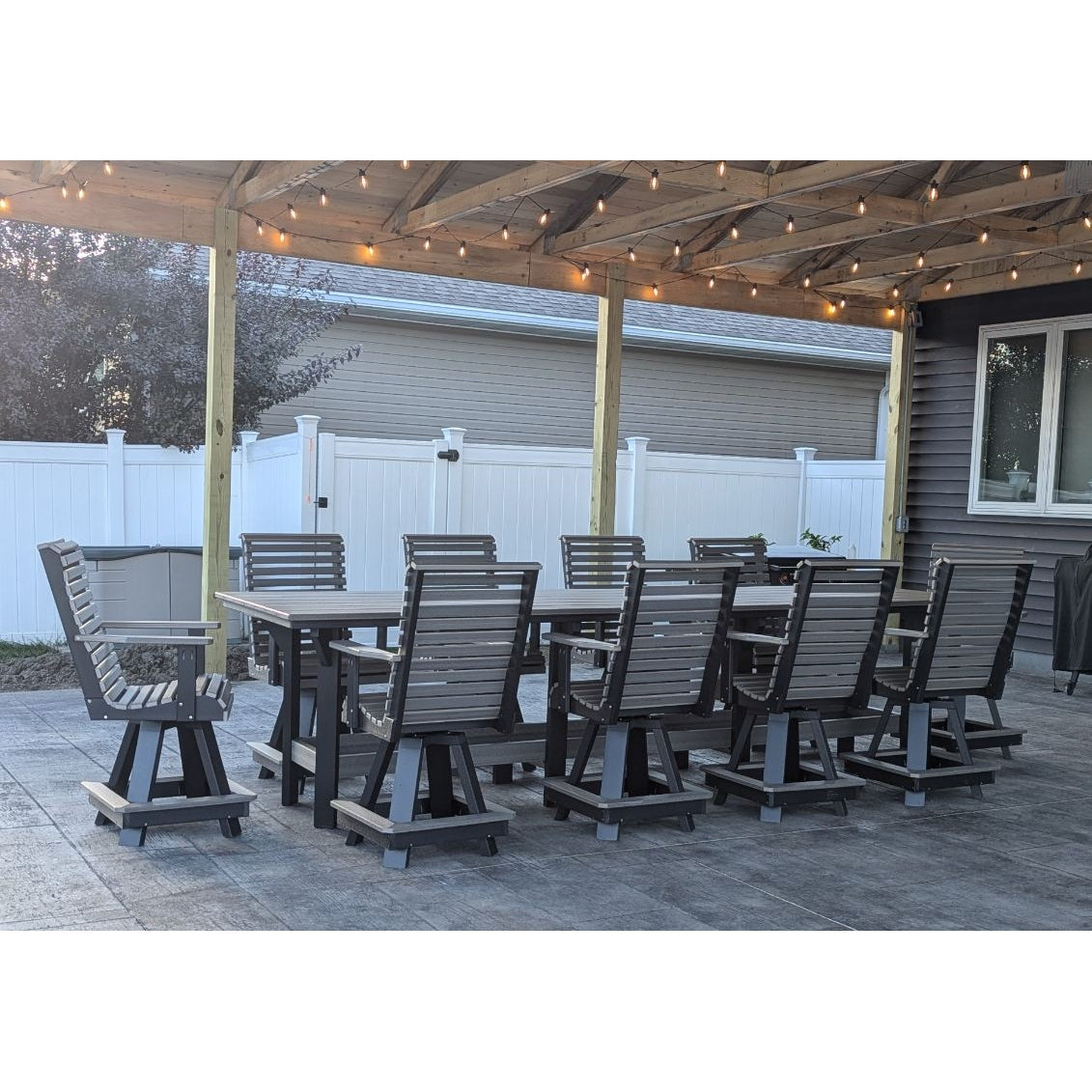 12' Counter Table with 10 Rollback Swivel Counter Chairs in Black and Coastal Gray