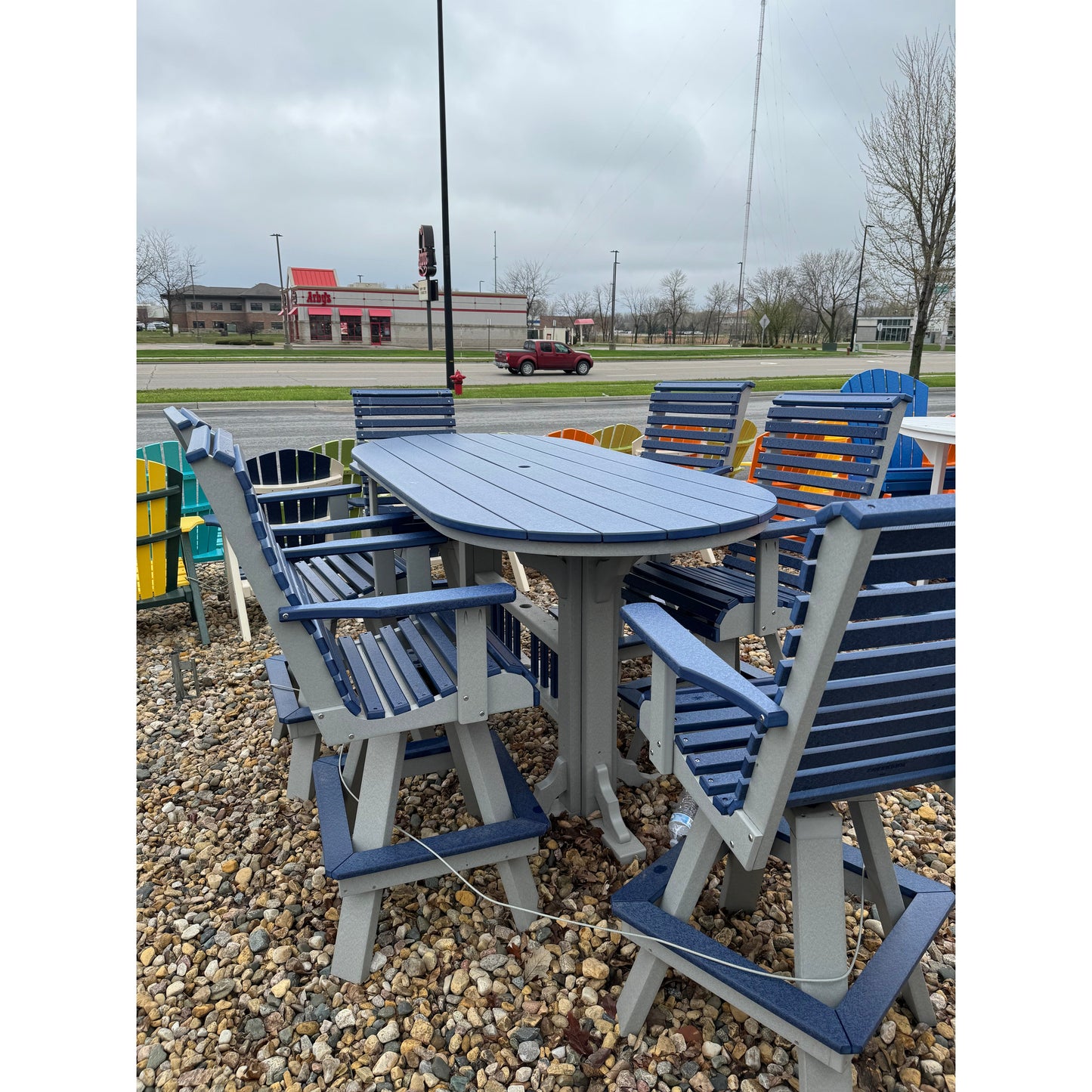 7' Oval Bar Table with 6 Rollback Swivels in Dove Gray and Patriot