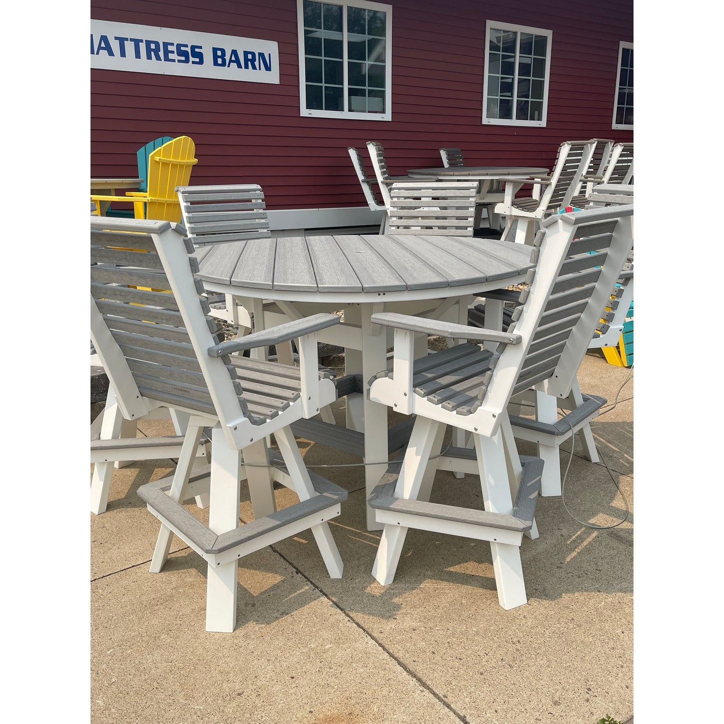 60" Round Bar Table with 6 Rollback Swivel Bar Chairs in White/Driftwood Gray