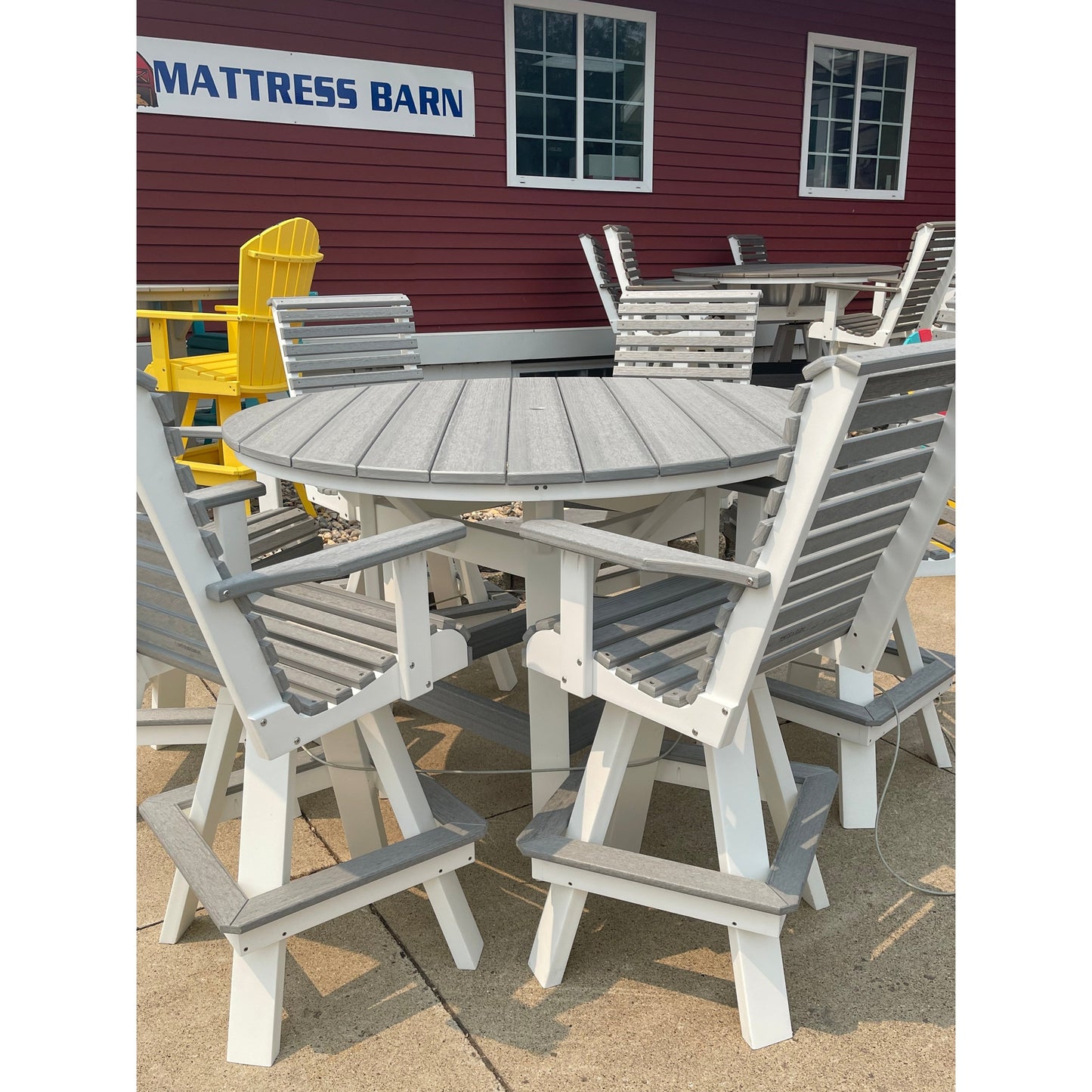 60" Round Bar Table with 6 Rollback Swivel Bar Chairs in White/Driftwood Gray