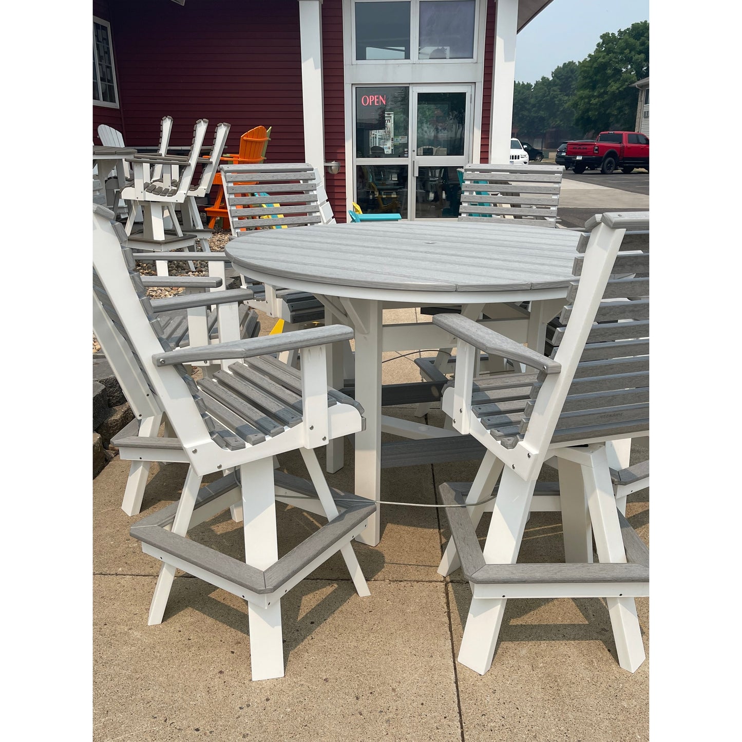 60" Round Bar Table with 6 Rollback Swivel Bar Chairs in White/Driftwood Gray