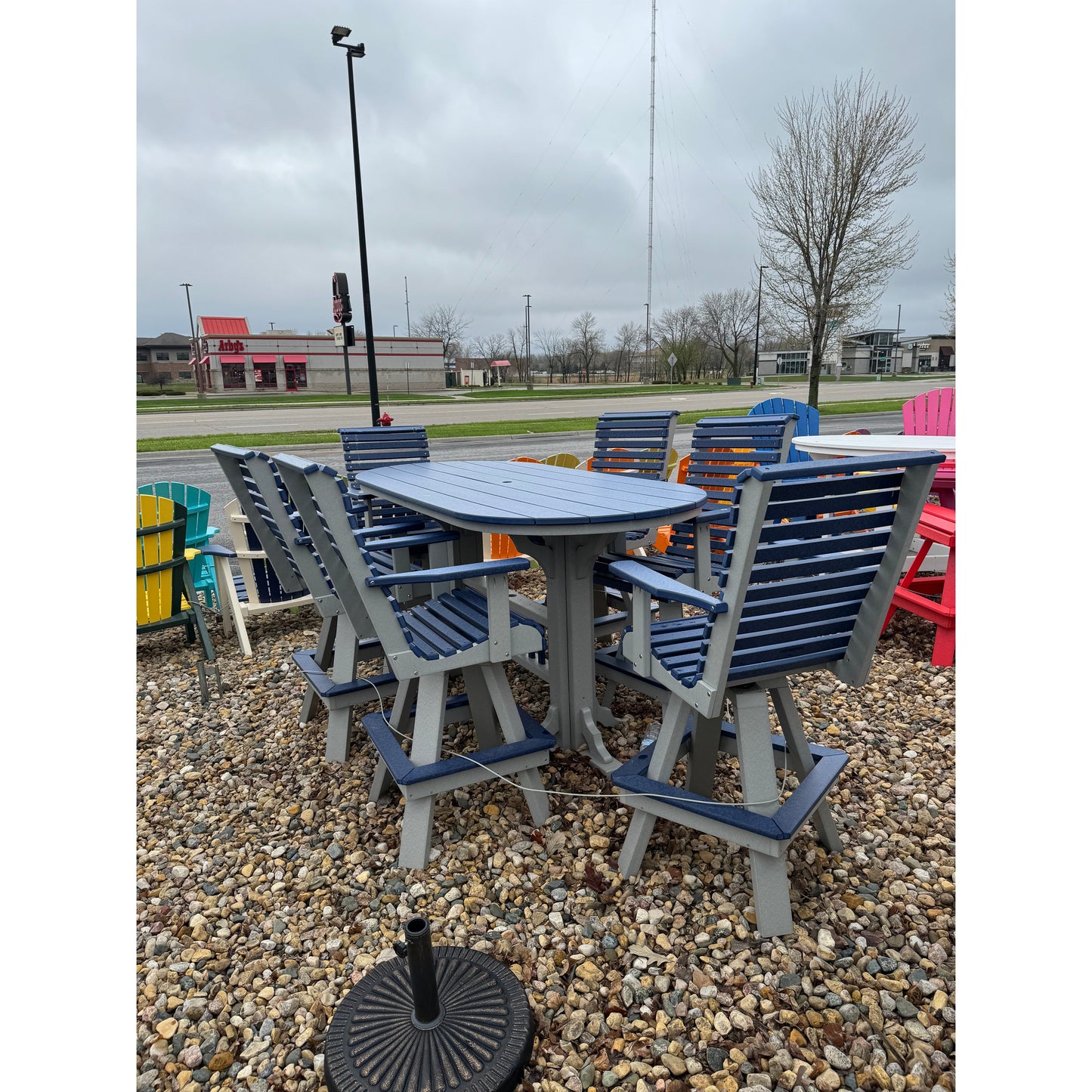 7' Oval Bar Table with 6 Rollback Swivels in Dove Gray and Patriot