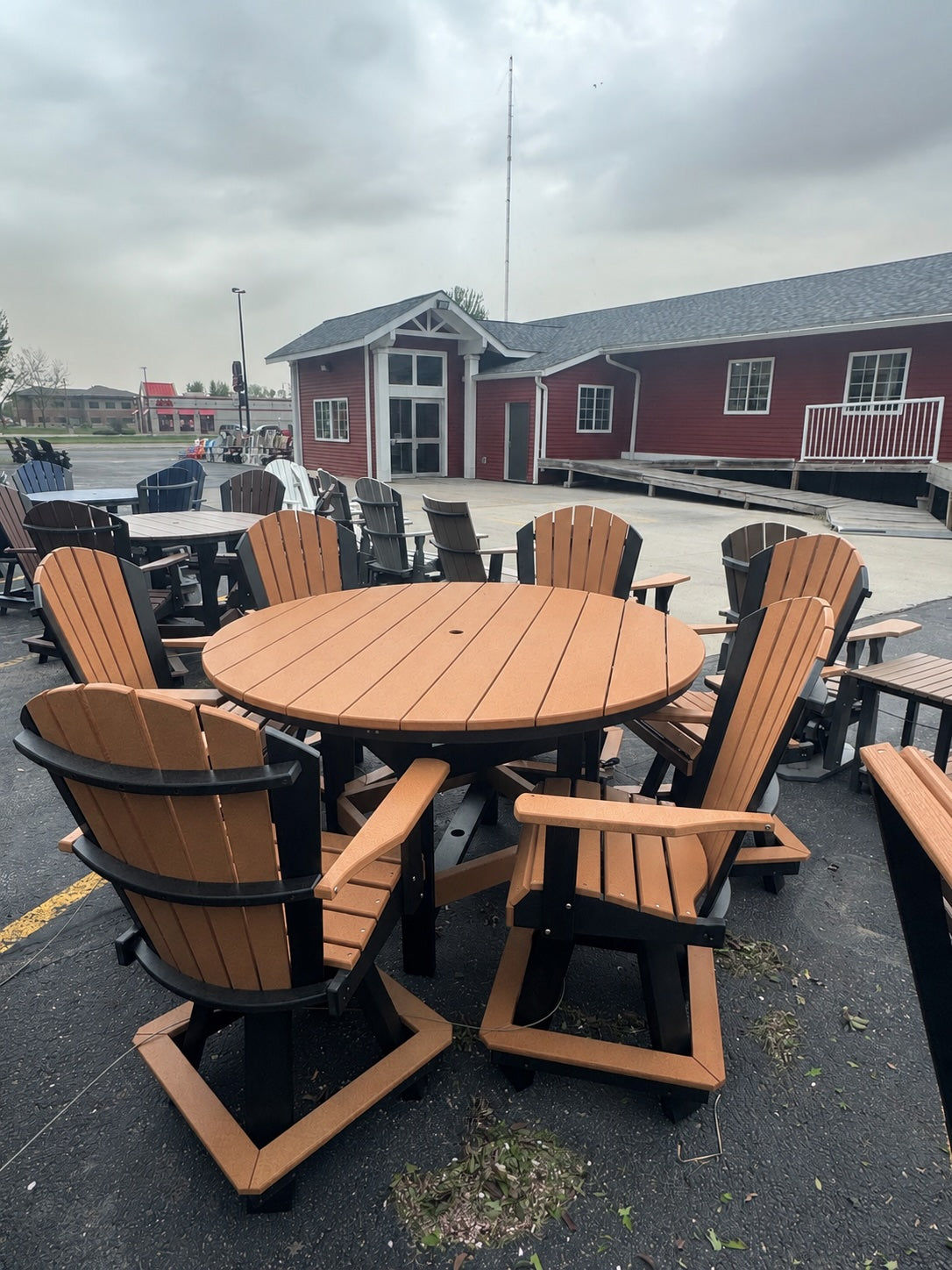 60" Round Counter Table with 6 Classic Swivel Counter Chairs in Black and Cedar