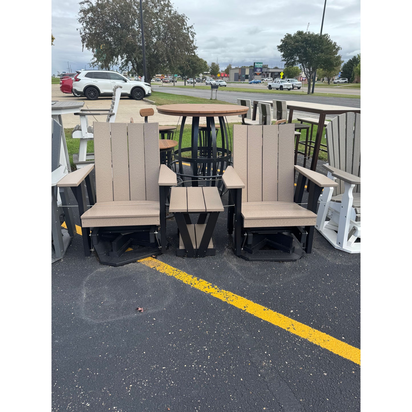 2 Joya Swivel Gliders with Matching End Table in Black and Weatherwood