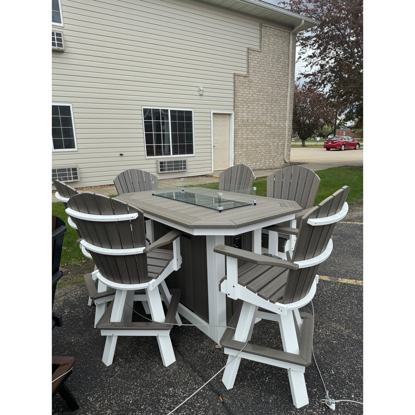 6' Fire Table with 6 Classic Swivel Bar Chairs in White and Coastal Gray
