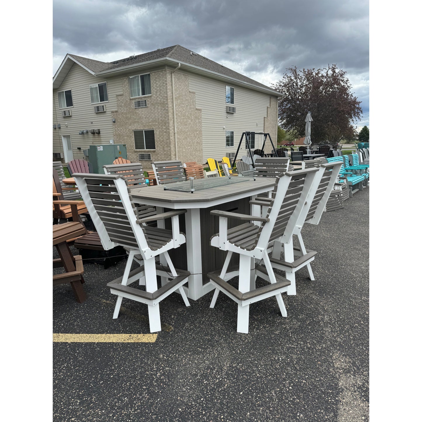 6' Fire Table with 6 Rollback Swivel Bar Chairs in White and Coastal Gray