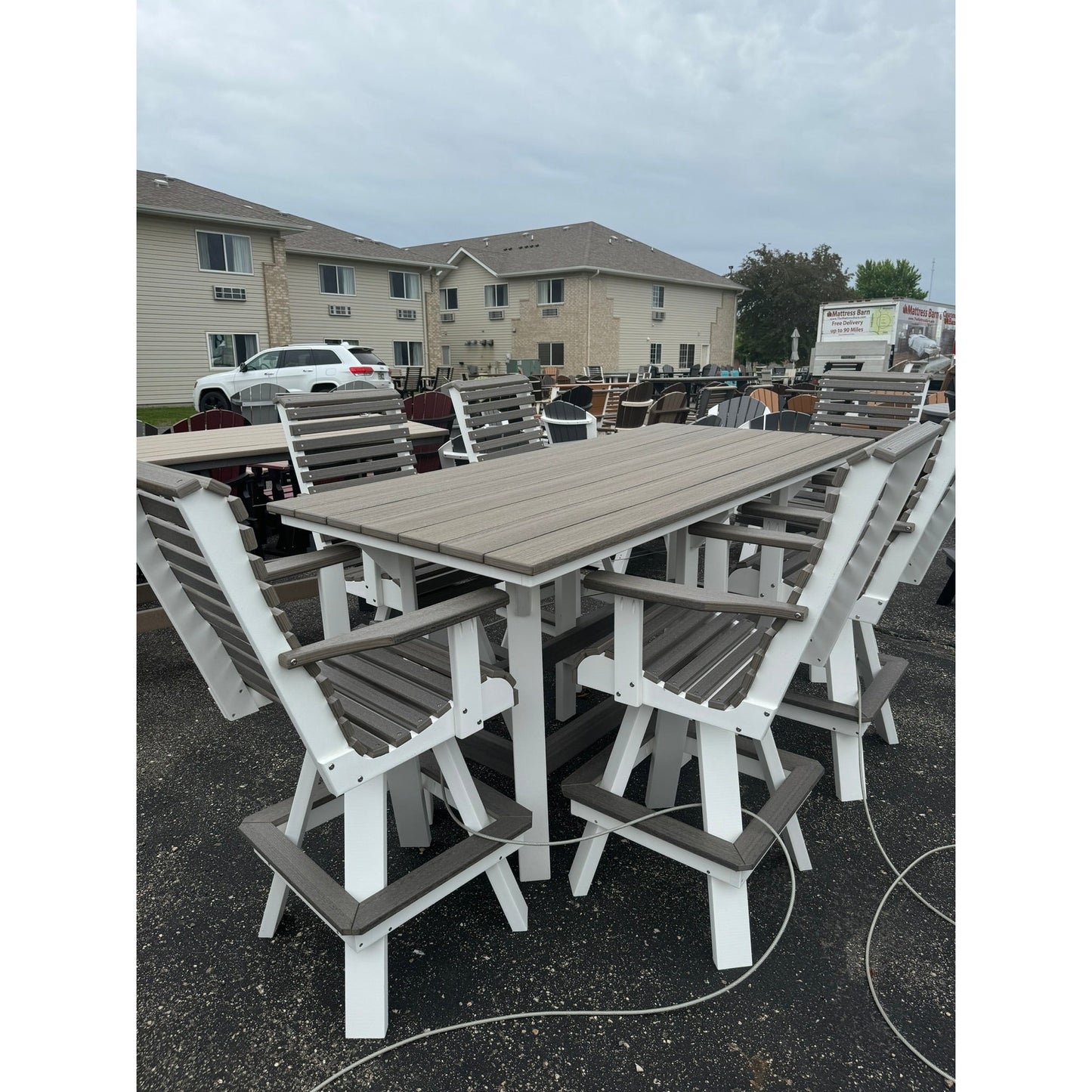 7' Bar Table with 6 Rollback Swivel Bar Chairs in White & Coastal