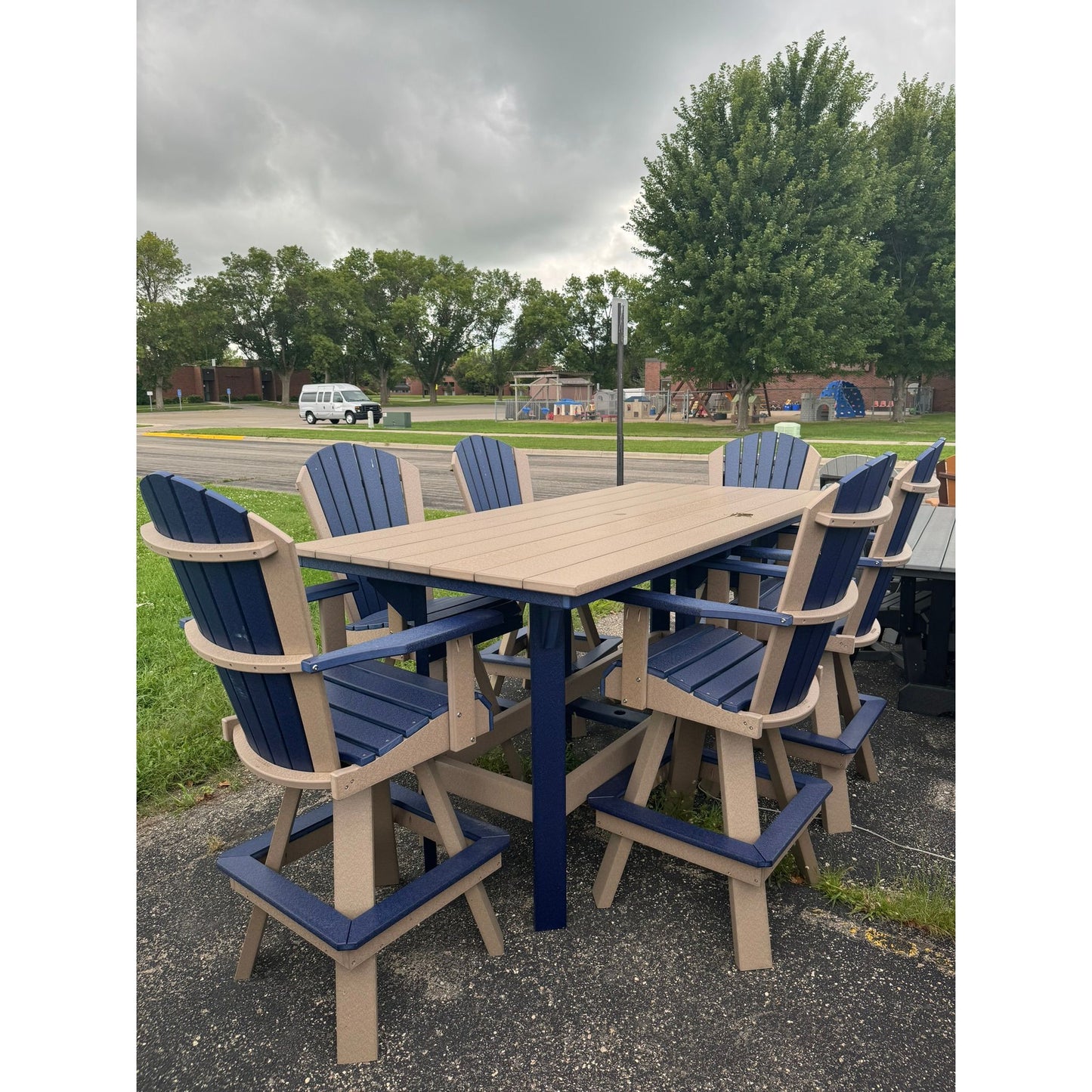 7' Bar Table with 5 Classic Swivel Bar Chairs in Patriot & Weatherwood