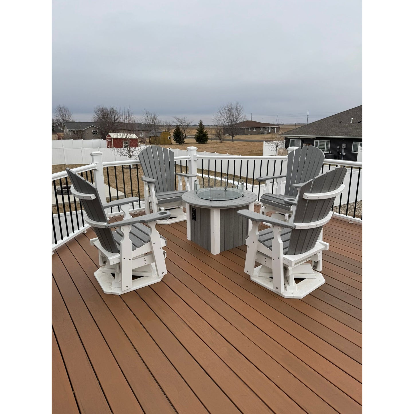 34" Round Fire Pit with 4 Classic Swivel Gliders in White & Driftwood Gray