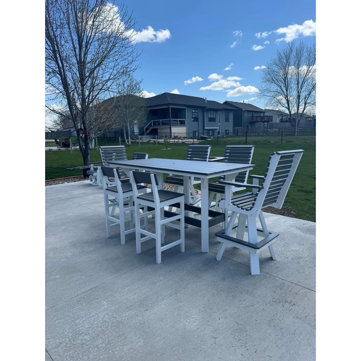 7' Bar Table with 4 Rollback Swivel & 2 Stationary Bar Chairs in White and Dark Gray