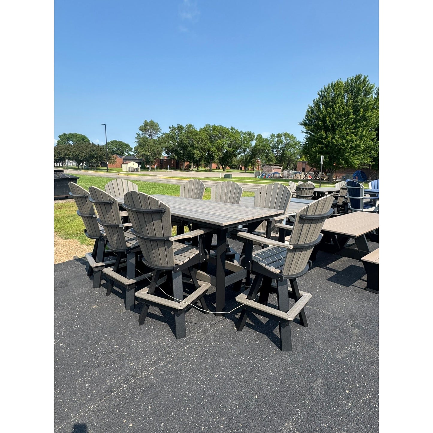8' Bar Table with 8 Classic Swivel Bar Chairs in Black and Coastal Gray (Wood Grain)