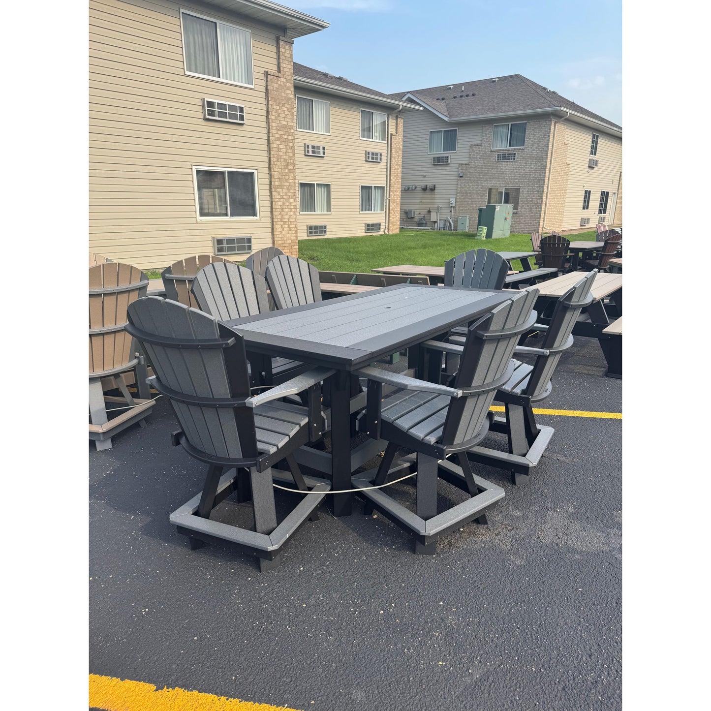 7' Bar Table with 6 Classic Swivel Counter Chairs in Black and Dark Gray