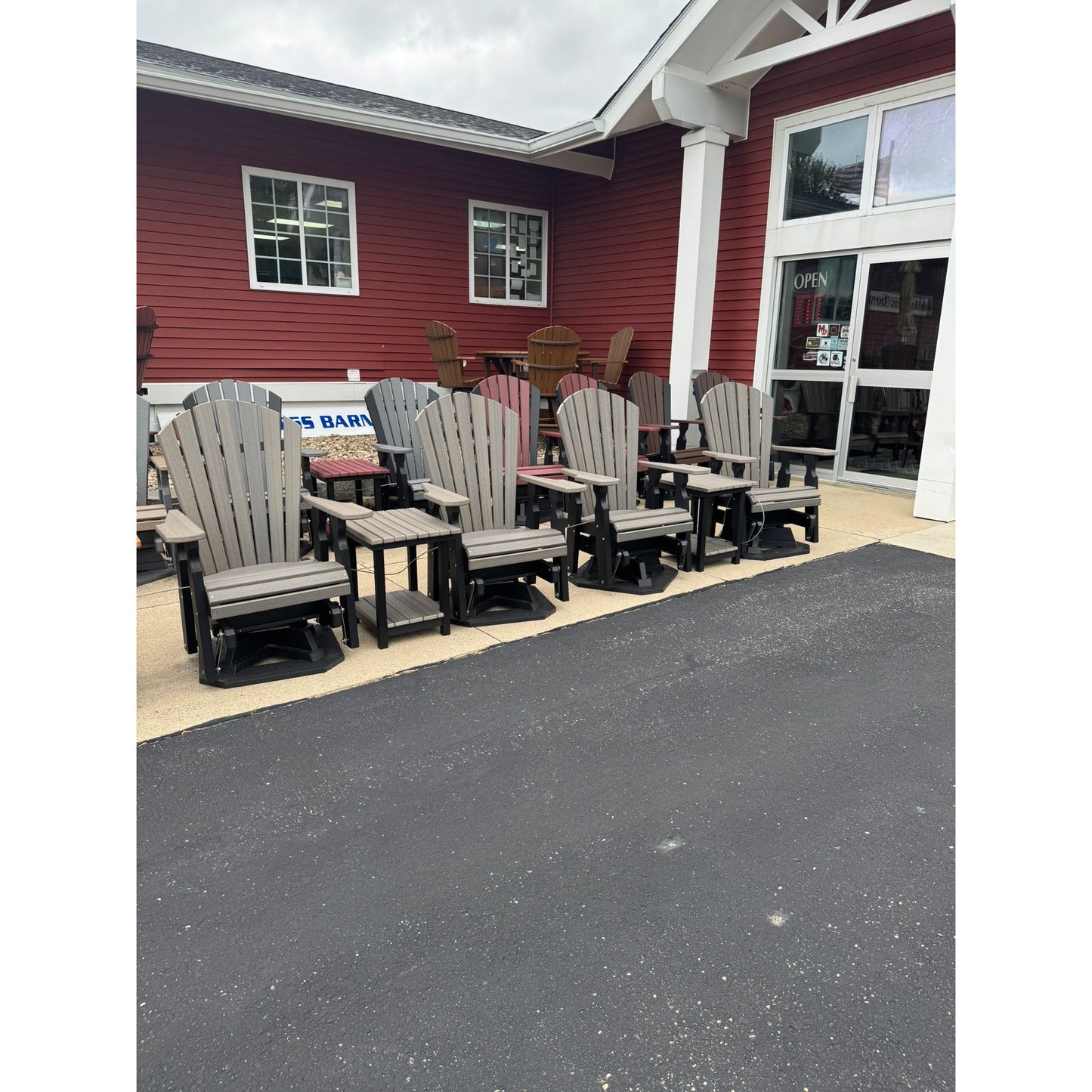 Package: 2 Classic Swivel Gliders with Matching End Table in Black and Coastal Gray (Wood Grain)