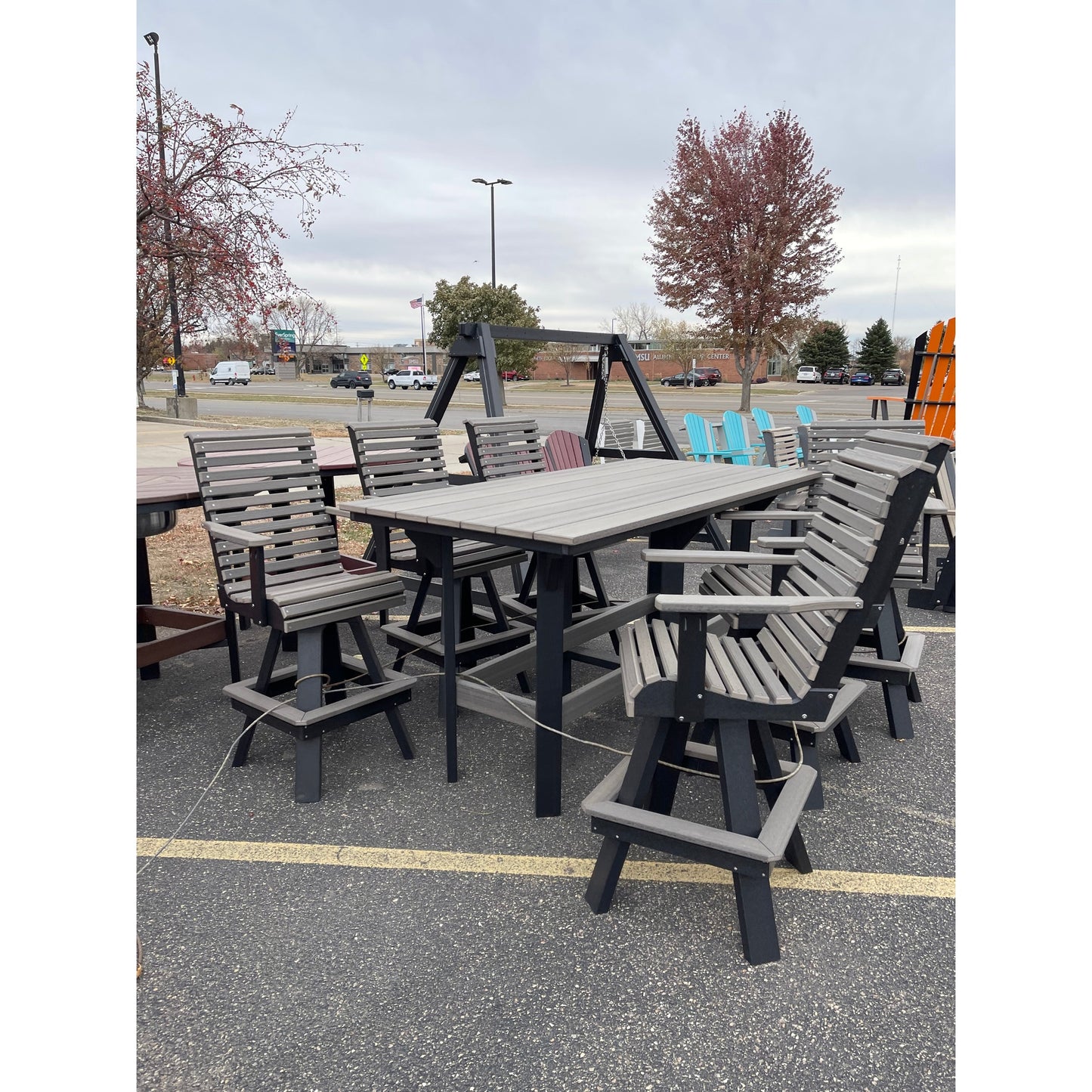 7' Bar Table with 6 Rollback Swivel Bar Chairs in Black & Coastal