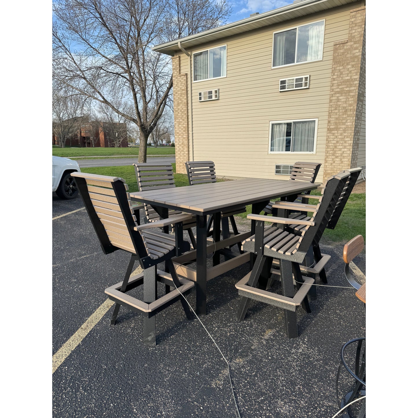 Creekside 7' Bar Table with 6 Rollback Swivel Chairs in Black & Weatherwood