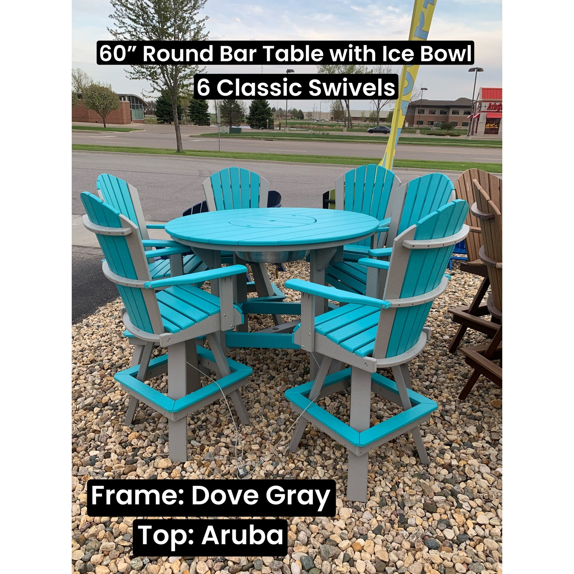 60" Round Bar Table with 6 Classic Swivel Bar Chairs in Dove Gray and Aruba