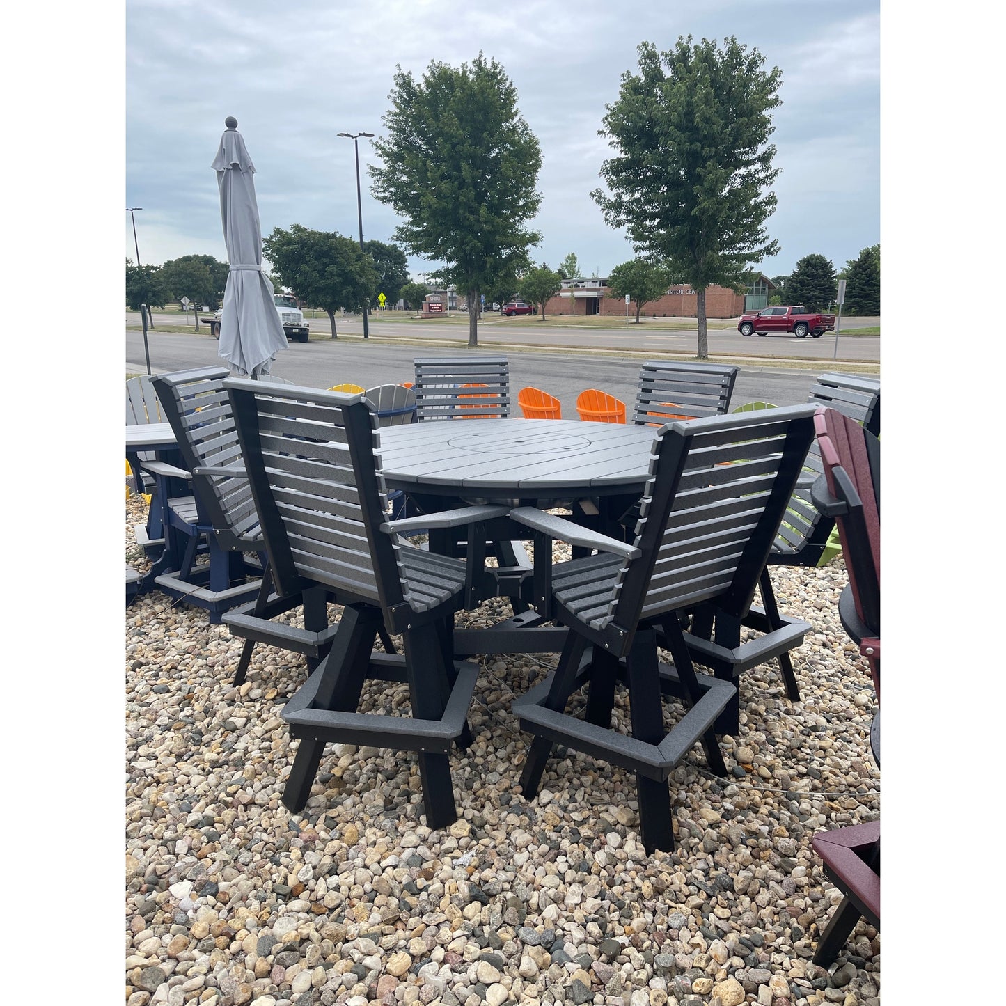 60" Round Bar Table with 6 Classic Swivel Bar Chairs in Black and Dark Gray