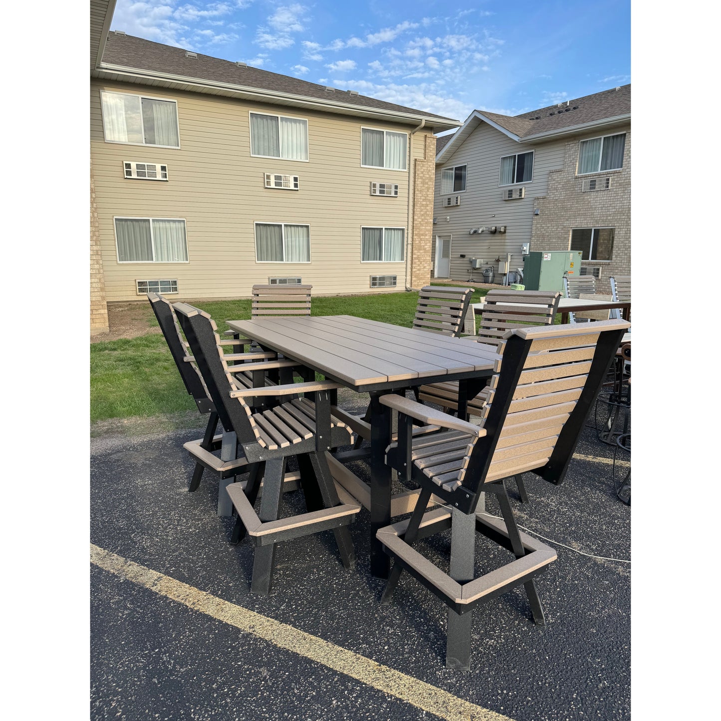 Creekside 7' Bar Table with 6 Rollback Swivel Chairs in Black & Weatherwood