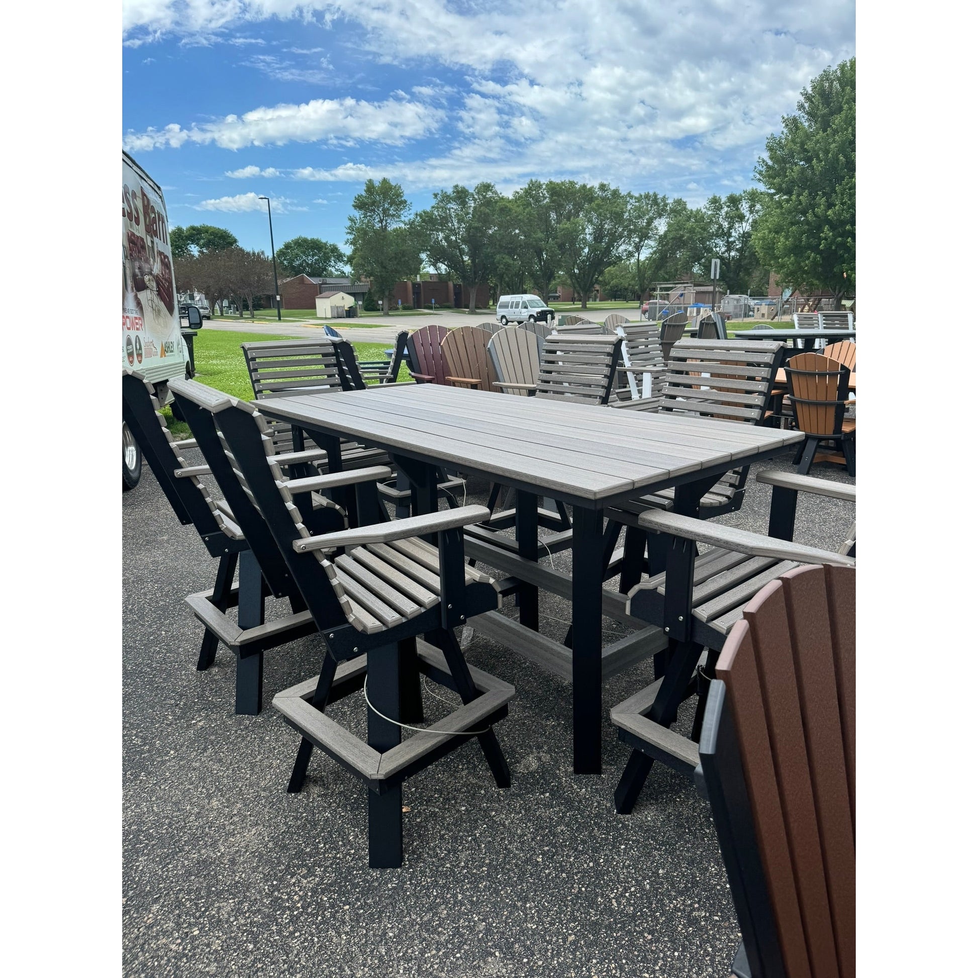7' Bar Table with 6 Rollback Swivel Bar Chairs in Black & Coastal