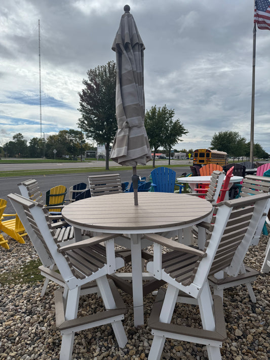 60" Round Bar Table with 6 Rollback Swivel Chairs in White and Weatherwood