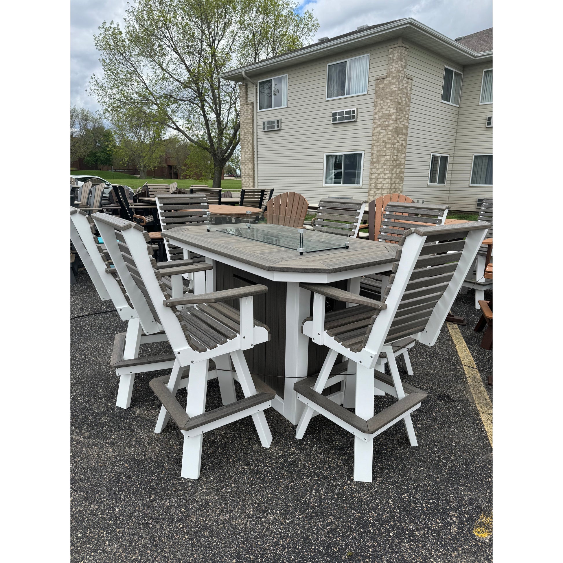 6' Fire Table with 6 Rollback Swivel Bar Chairs in White and Coastal Gray