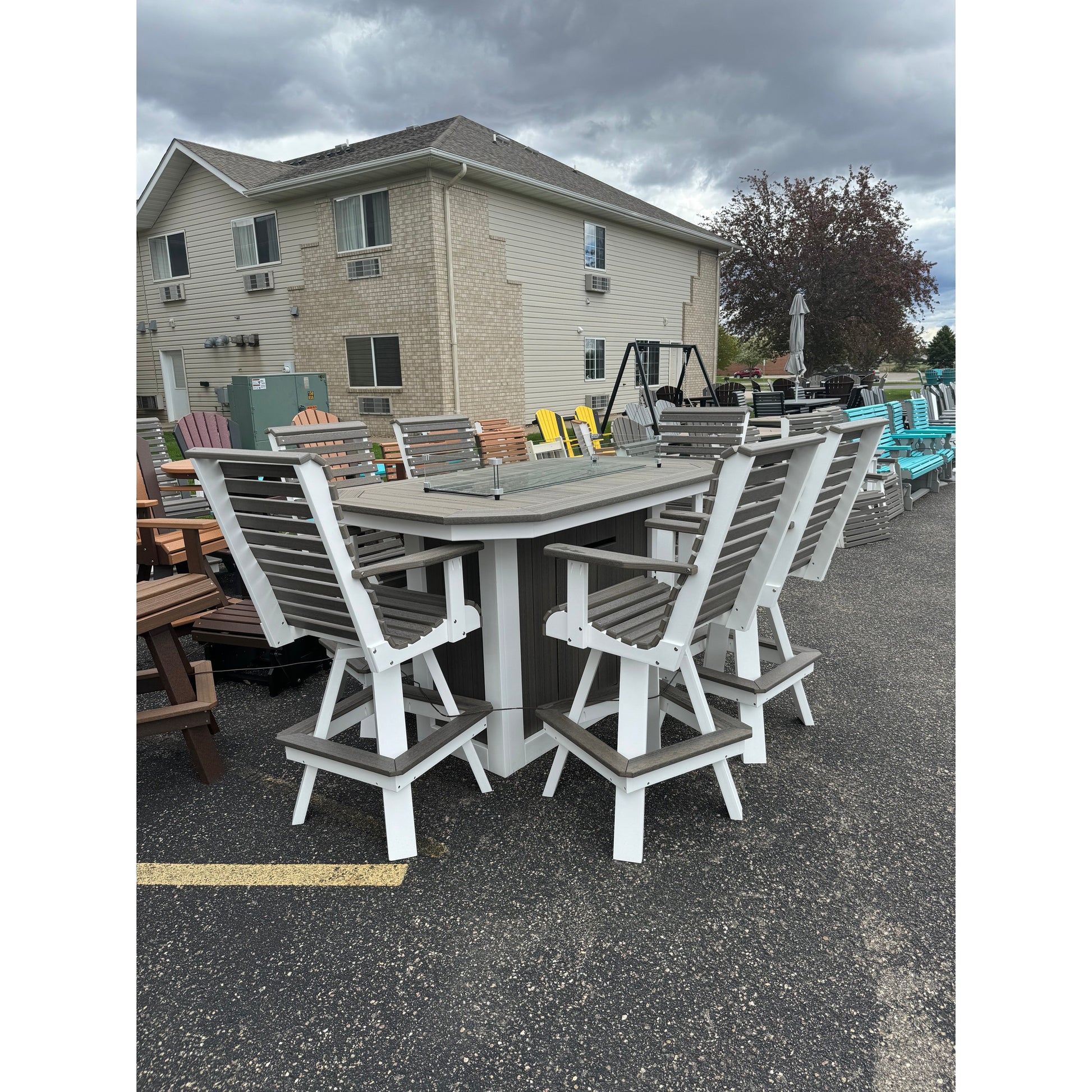 6' Fire Table with 6 Rollback Swivel Bar Chairs in White and Coastal Gray
