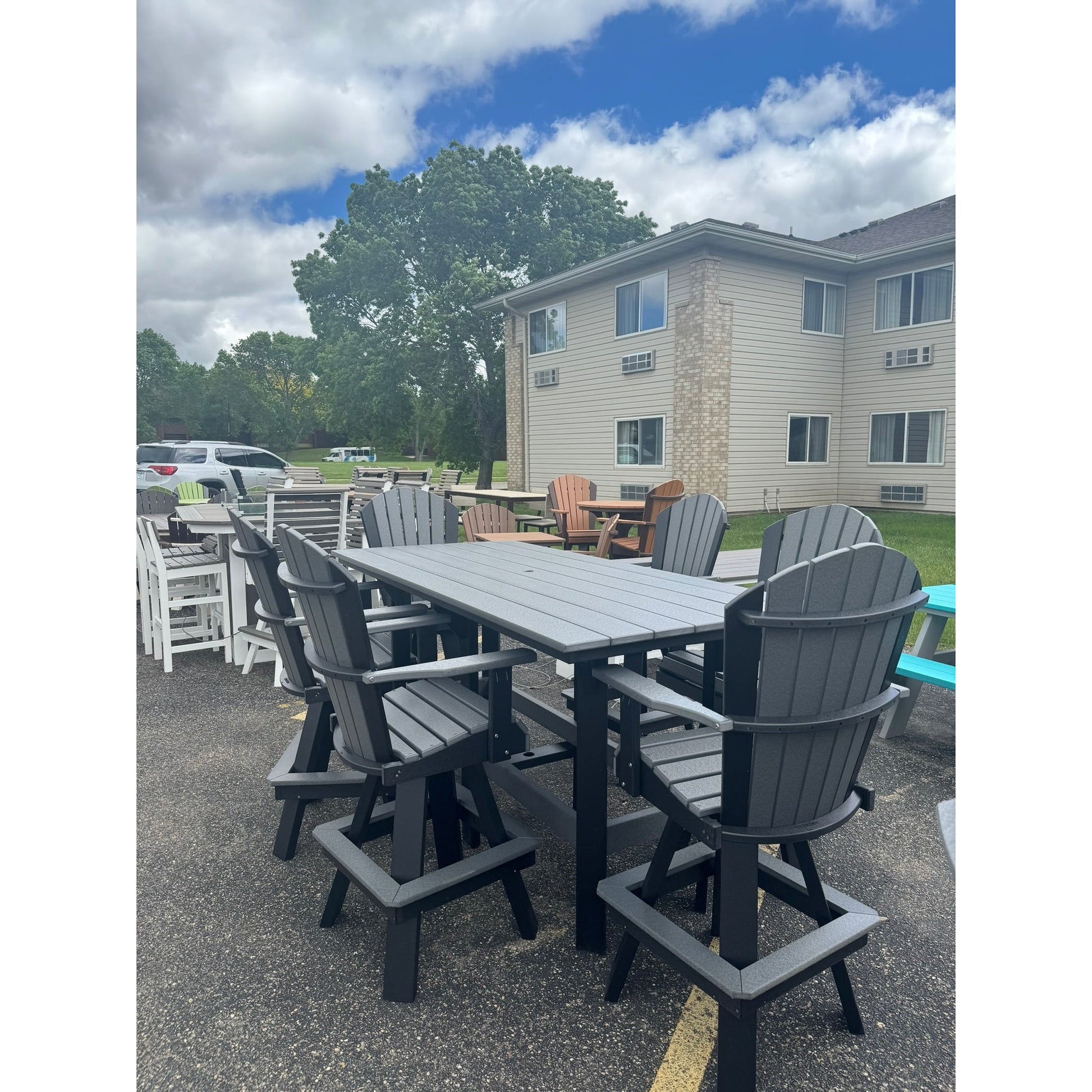 7' Bar Table with 6 Classic Swivel Bar Chairs in Black and Dark Gray