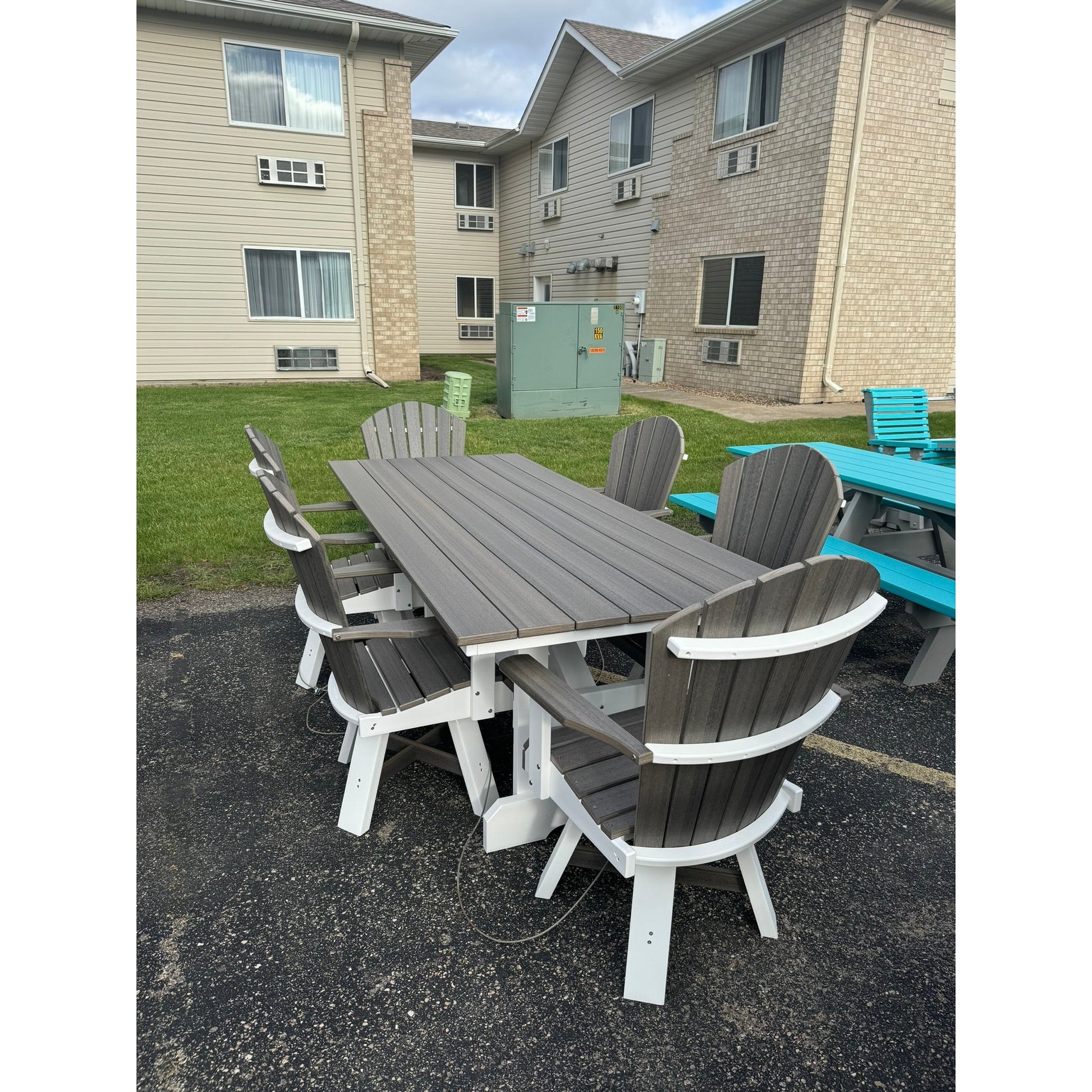 8' Dining Table with 6 Classic Swivel Dining Chairs in White & Coastal Gray Wood Grain