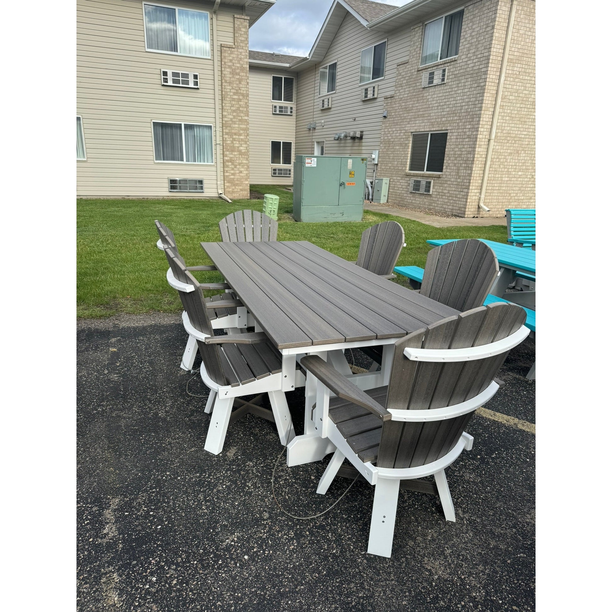 8' Dining Table with 6 Classic Swivel Dining Chairs in White & Coastal Gray Wood Grain
