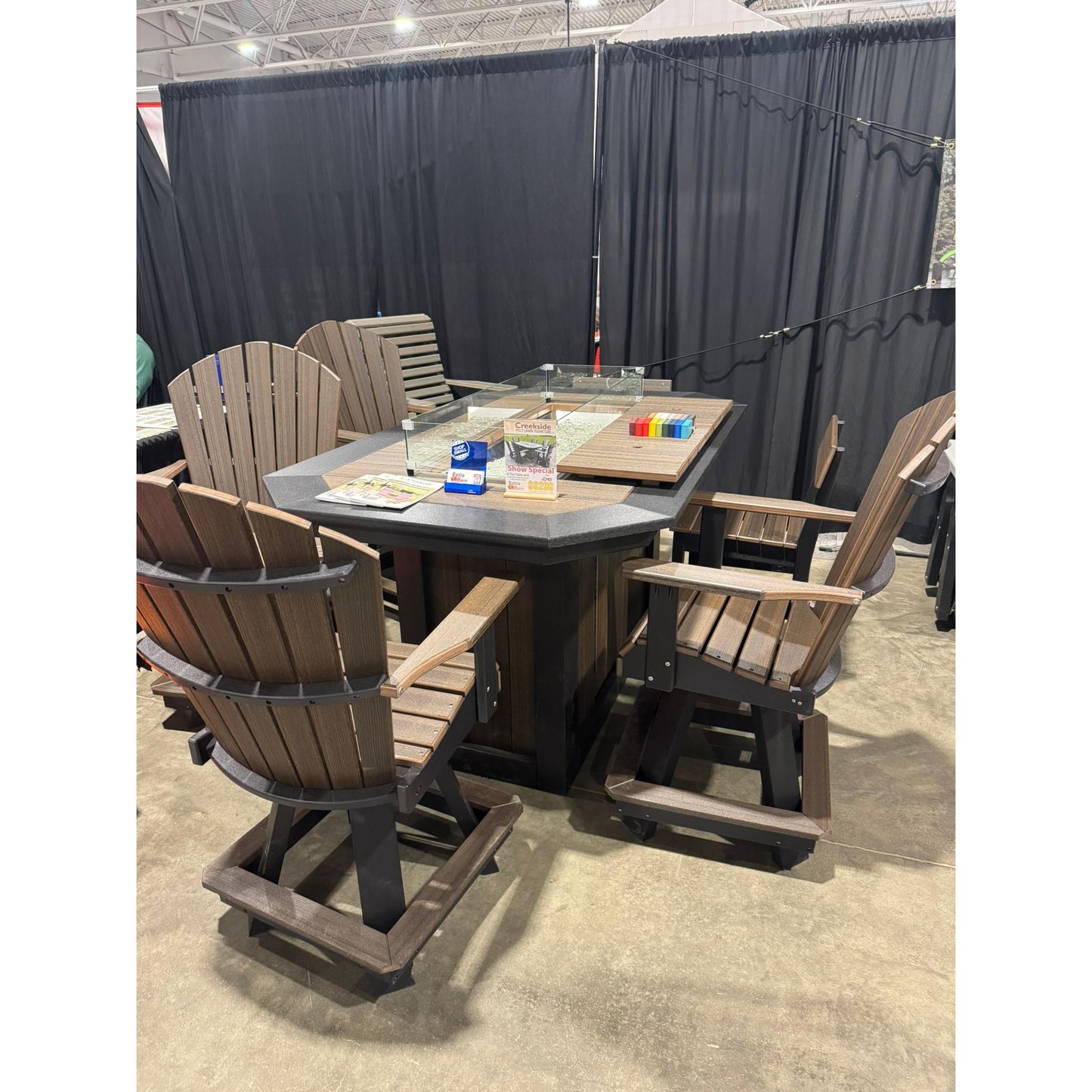 6' Fire Table with 4 Classic Swivel Bar Chairs & 2 Stationary Barstool in Black/Brazilian Walnut