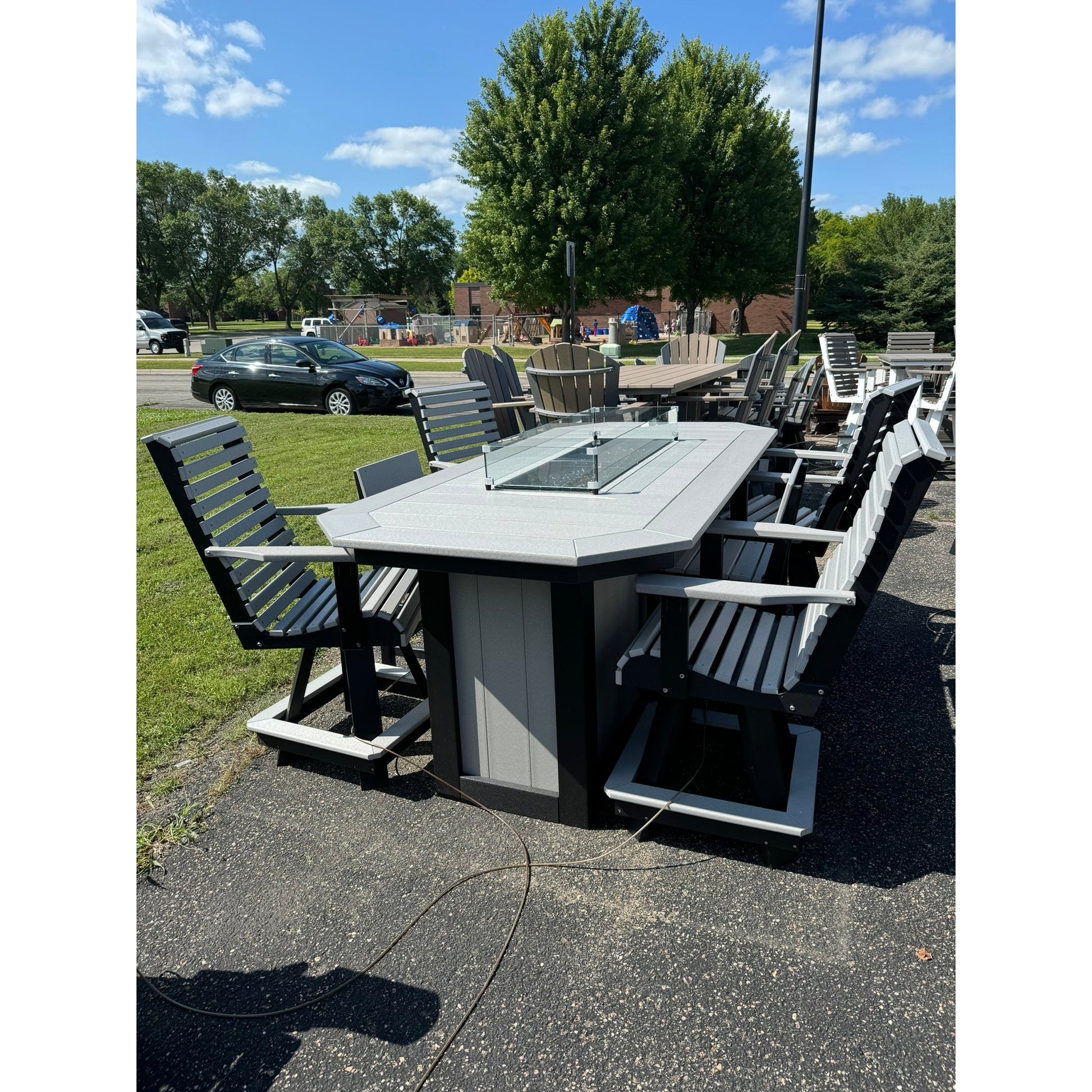 8' Counter Height Fire Table with 4 Rollback and 2 Stationary Counter Chairs in Black and Dove Gray
