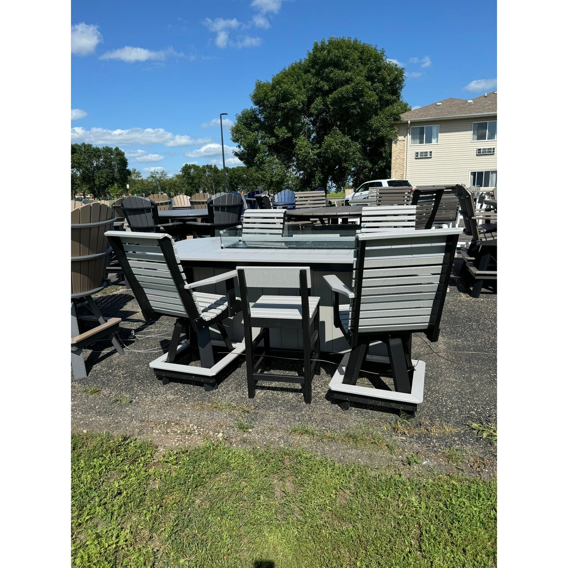 8' Counter Height Fire Table with 4 Rollback and 2 Stationary Counter Chairs in Black and Dove Gray