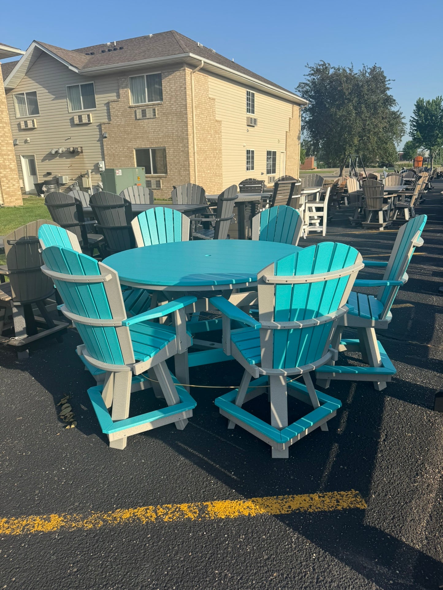 60" Round Counter Table with 6 Classic Swivel Counter Chairs in Dove Gray and Aruba