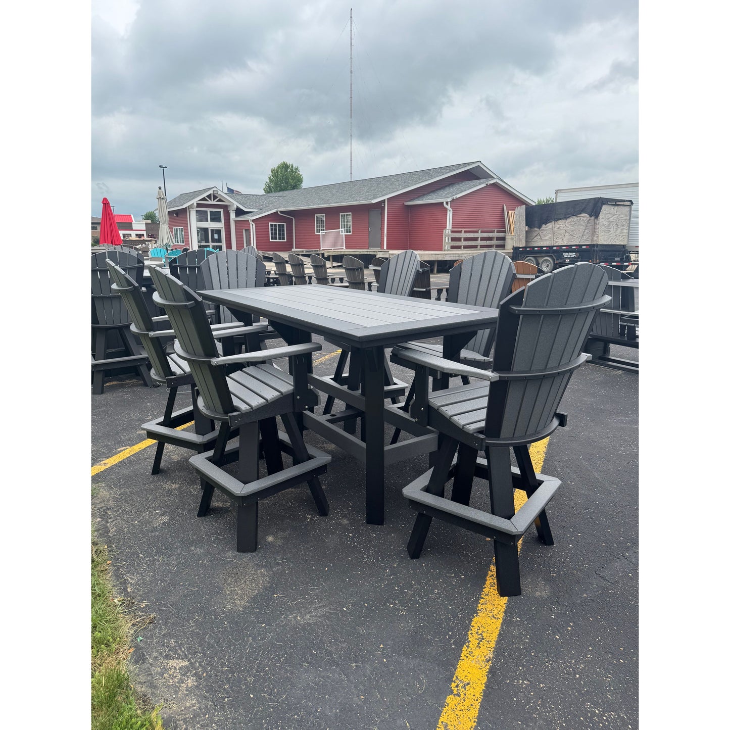 7' Bar Table with 6 Classic Swivel Counter Chairs in Black and Dark Gray