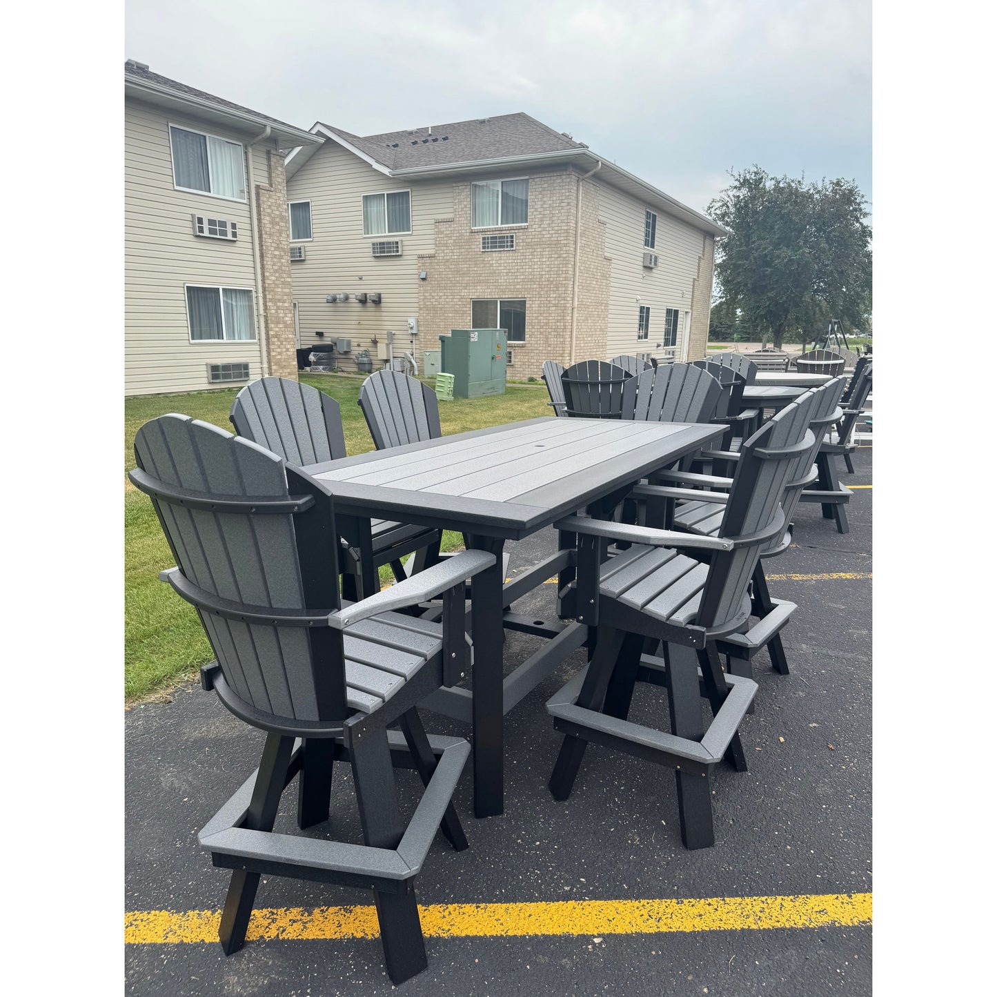 7' Bar Table with 6 Classic Swivel Counter Chairs in Black and Dark Gray