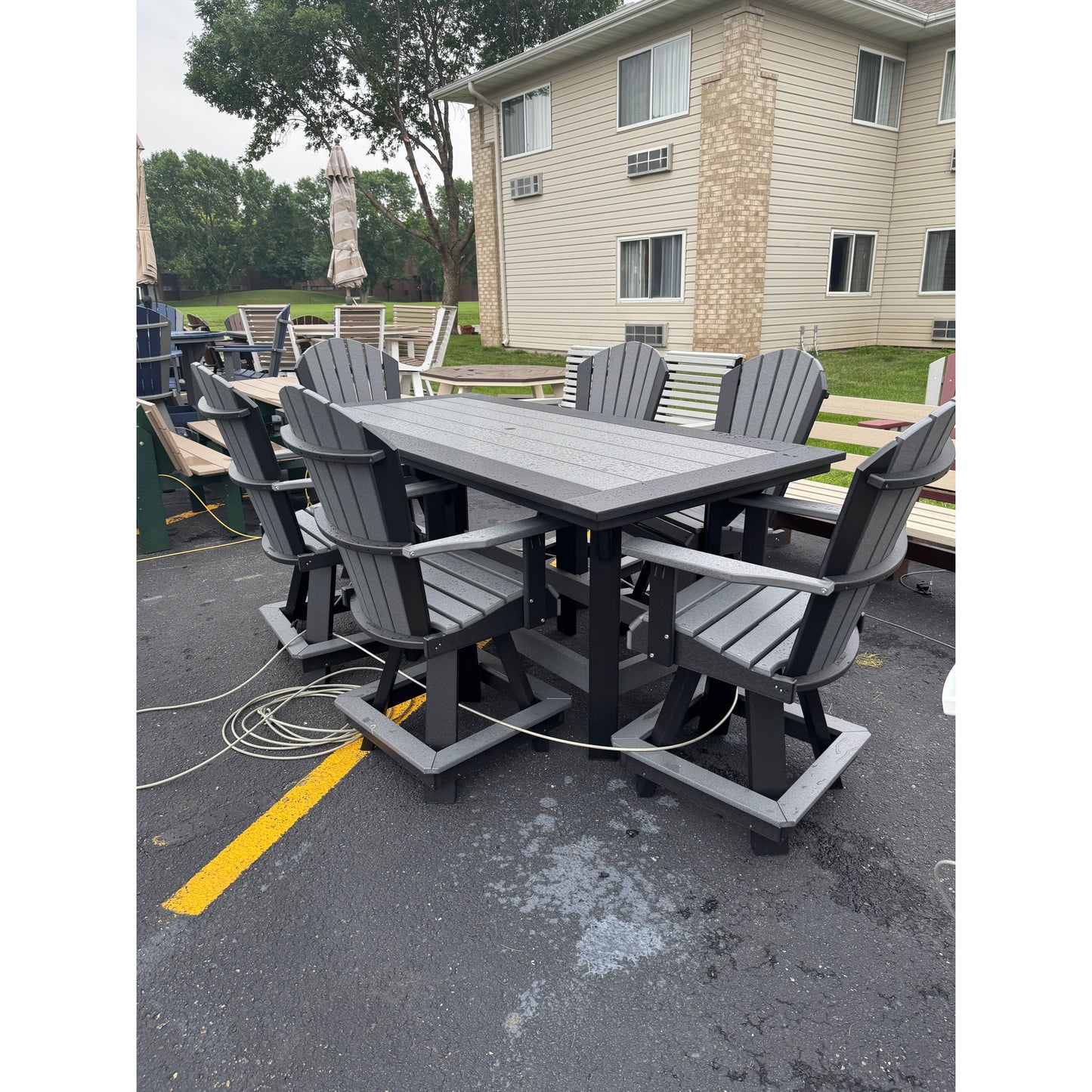 7' Bar Table with 6 Classic Swivel Counter Chairs in Black and Dark Gray
