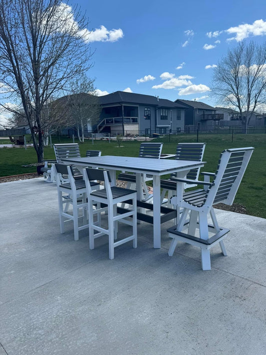 7' Bar Table with 4 Rollback Swivel & 2 Stationary Bar Chairs  in White and Dark Gray