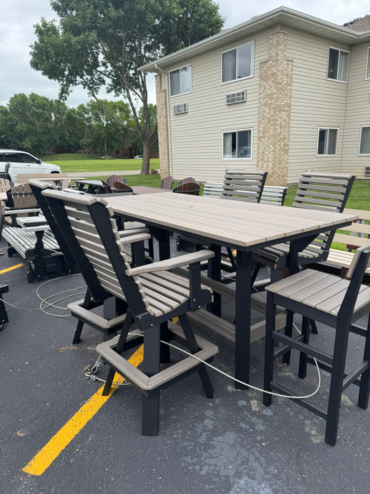 7' Bar Table with 4 Rollback Chairs and 2 stationary chairs in Black and Coastal Gray