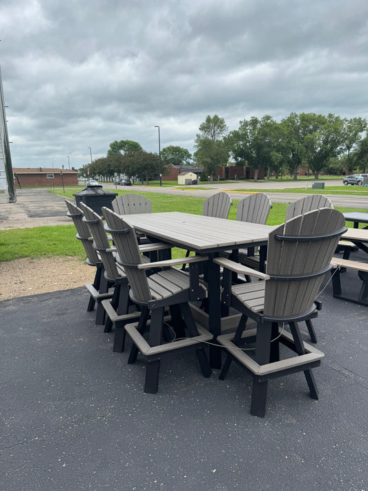 8' Bar Table with 8 Classic Swivel Bar Chairs in Black and Coastal Gray (Wood Grain)