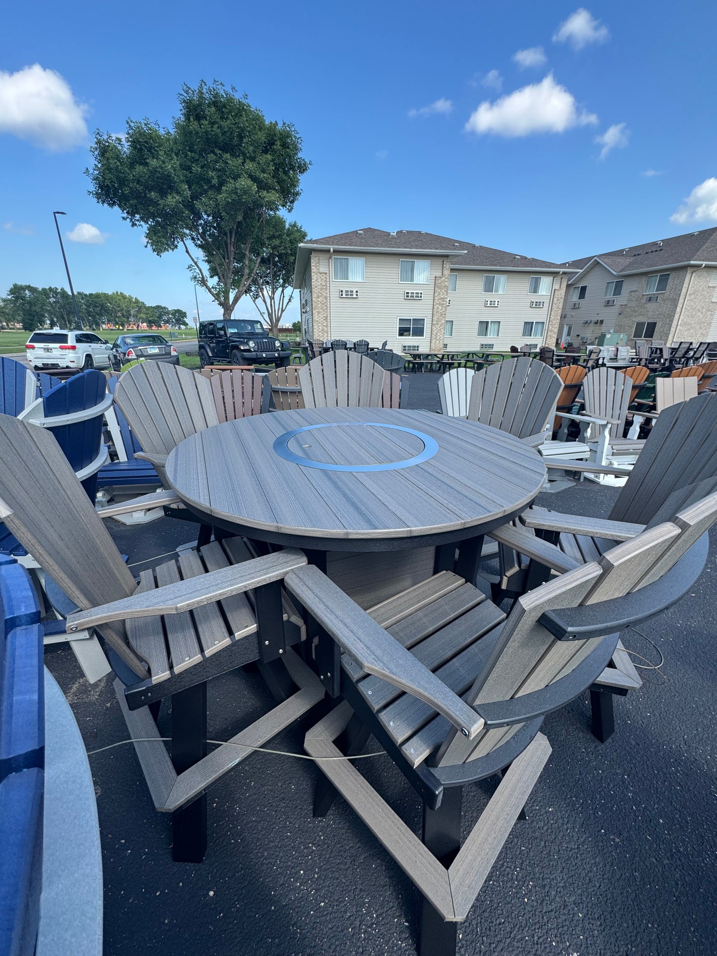 54" Round Fire Table with 5 Swivel Bar Chairs